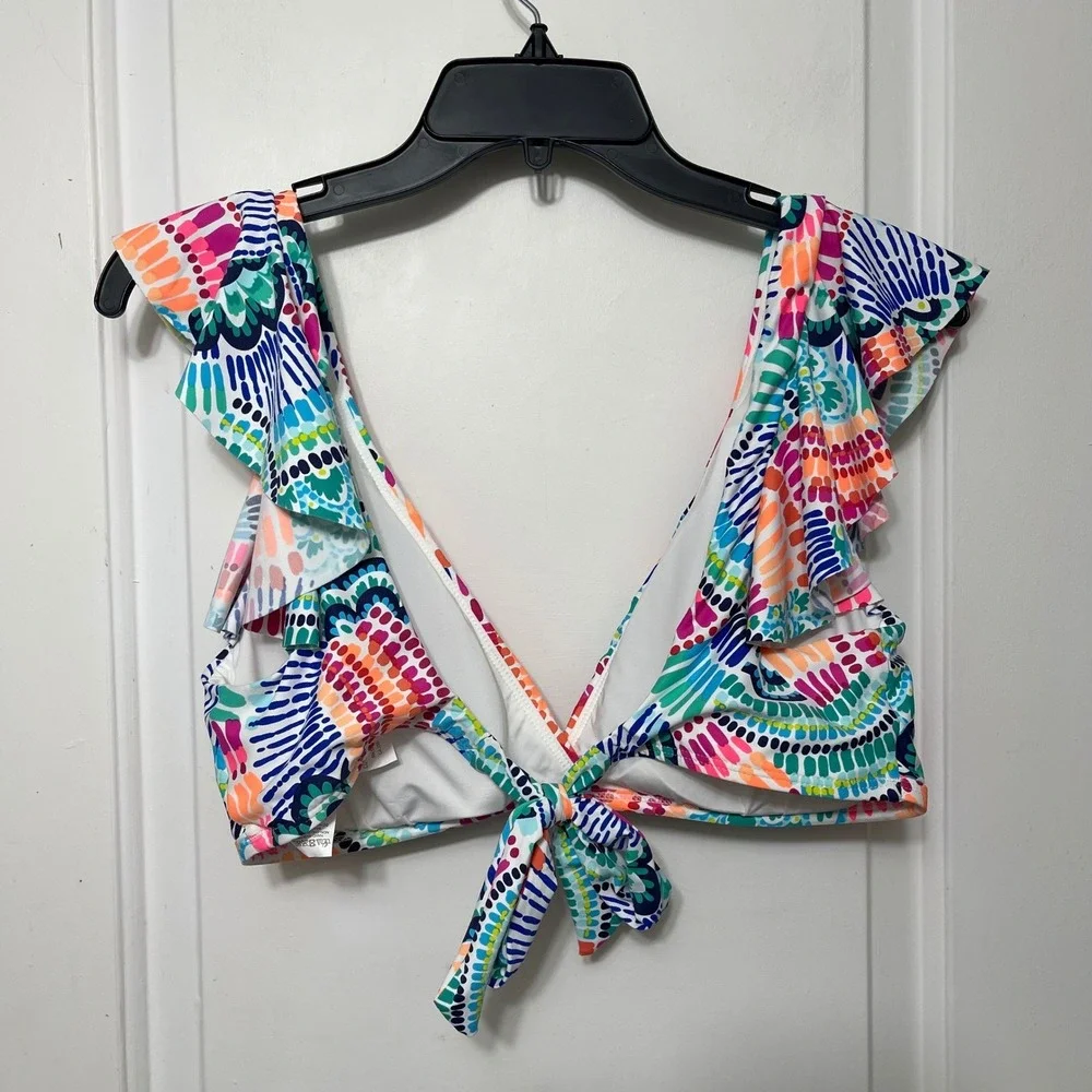 LA BLANCA V-Neck Ruffle Sleeve Bikini‎ Top Tie Back Multi Color Print Size 12
